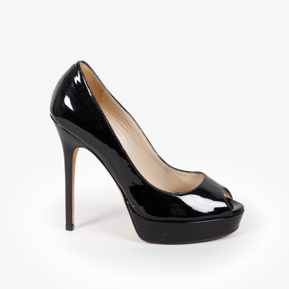 Jimmy Choo Black Patent Leather Peep Toe Platform Pumps - Picture 1 of 9